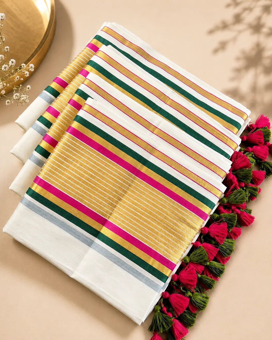 Stack of colorful striped fabric with tassels on a beige background