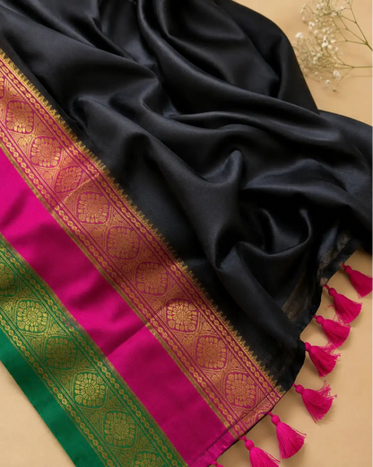 Black saree with colorful borders on a beige background